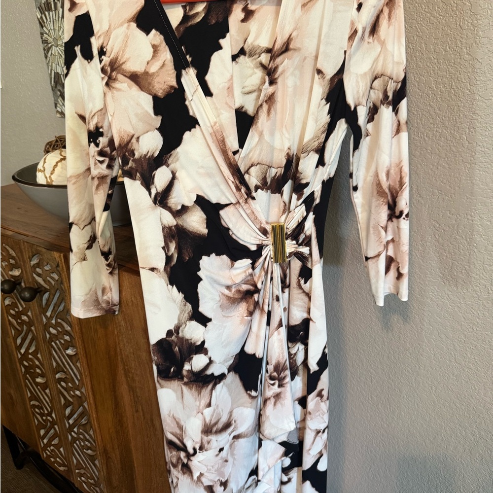 Calvin Klein Black and Cream Floral Dress with Gold Detail